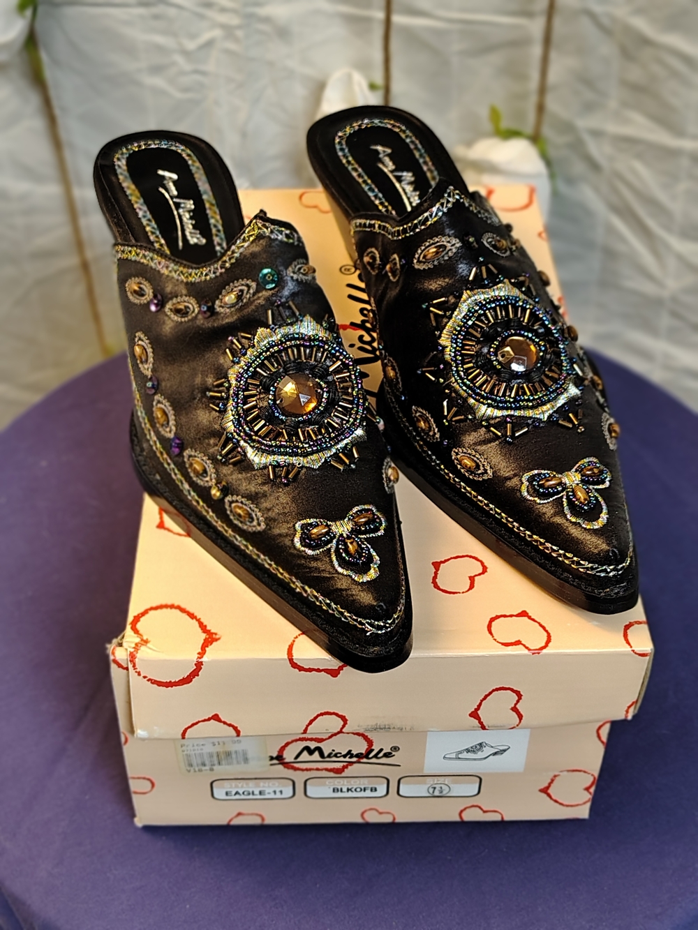 Michele Black Embellished Pointed-Toe Slip-On Mules